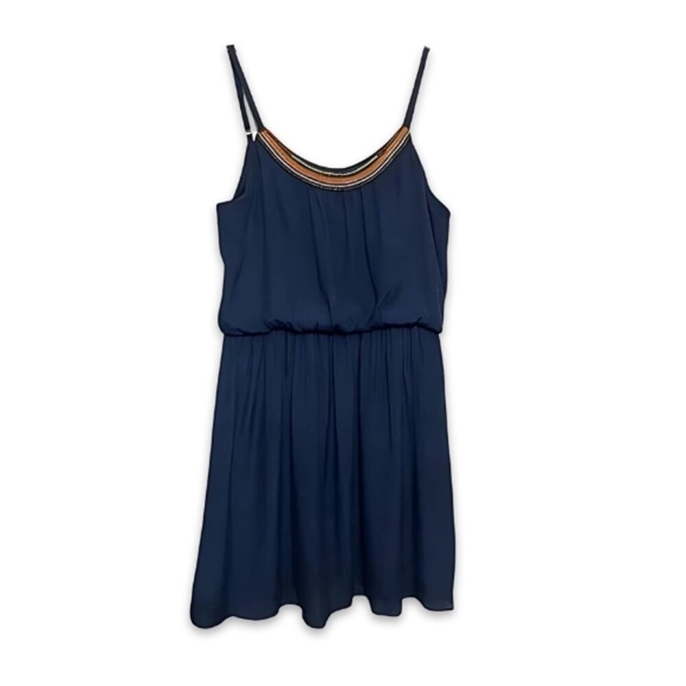IZ Byer Mini Dress Adjustable Spaghetti Straps Lightweight Boho Beaded Blue W M
